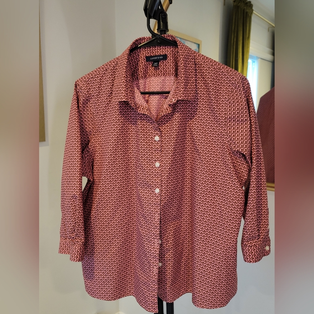 LANDS END 3/4 Sleeve Button‎ Up Shirt 100% Cotton Pink Geometric Size 14P